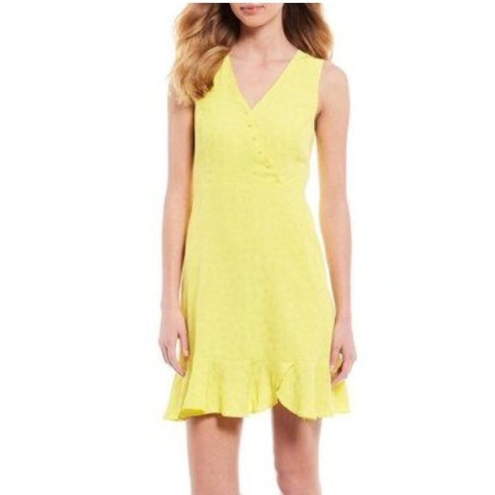 A Loves A Dress Womens Large Yellow Floral Jacquard Ruffle Hem Sleeveless V-Neck